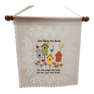 Floral Lace Window Hanging Panel God Bless the Birds birdhouse flowers 7 x 8